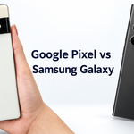 Google Pixel and Samsung Galaxy phones on a clean white gradient background