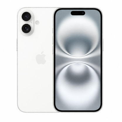 A white Apple iPhone shown from the back and front, with two rear cameras and a large front screen displaying a reflective abstract wallpaper.
