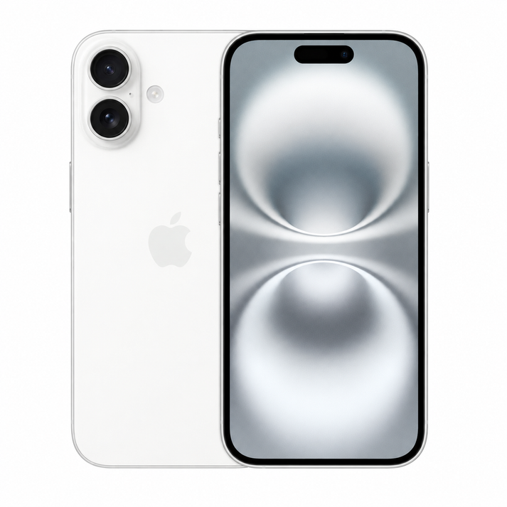 A white Apple iPhone shown from the back and front, with two rear cameras and a large front screen displaying a reflective abstract wallpaper.