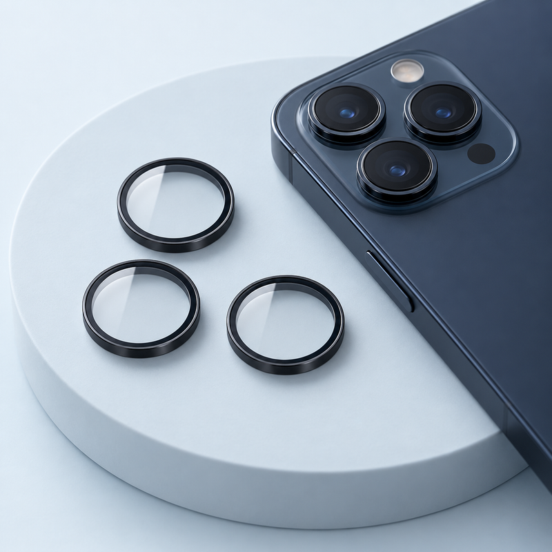 Phone camera lens protectors on a pale blue studio background