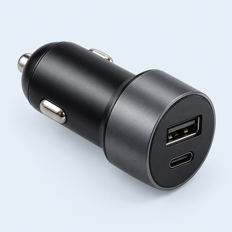 Compact car charger on a pale blue studio background