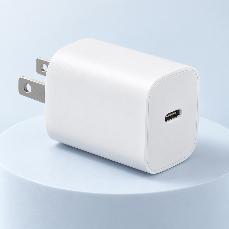 White USB-C wall charger on a pale blue studio background
