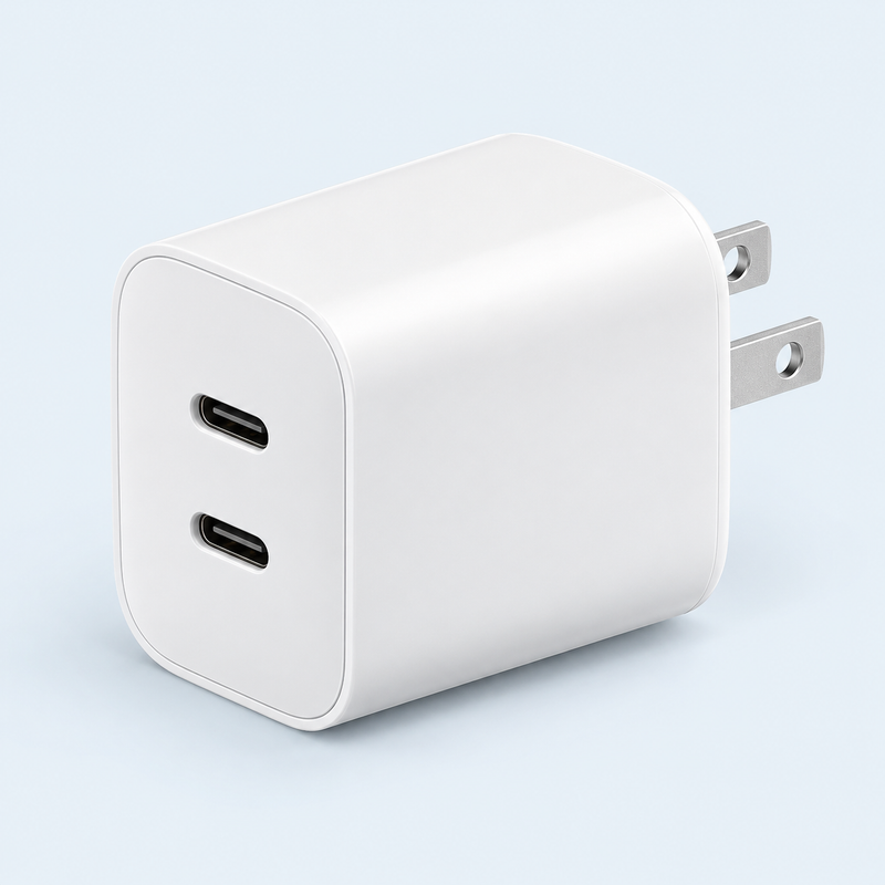 White dual-port wall charger on a pale blue studio background