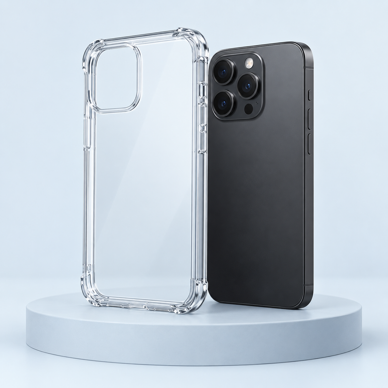 Protective phone cases on a pale blue studio background