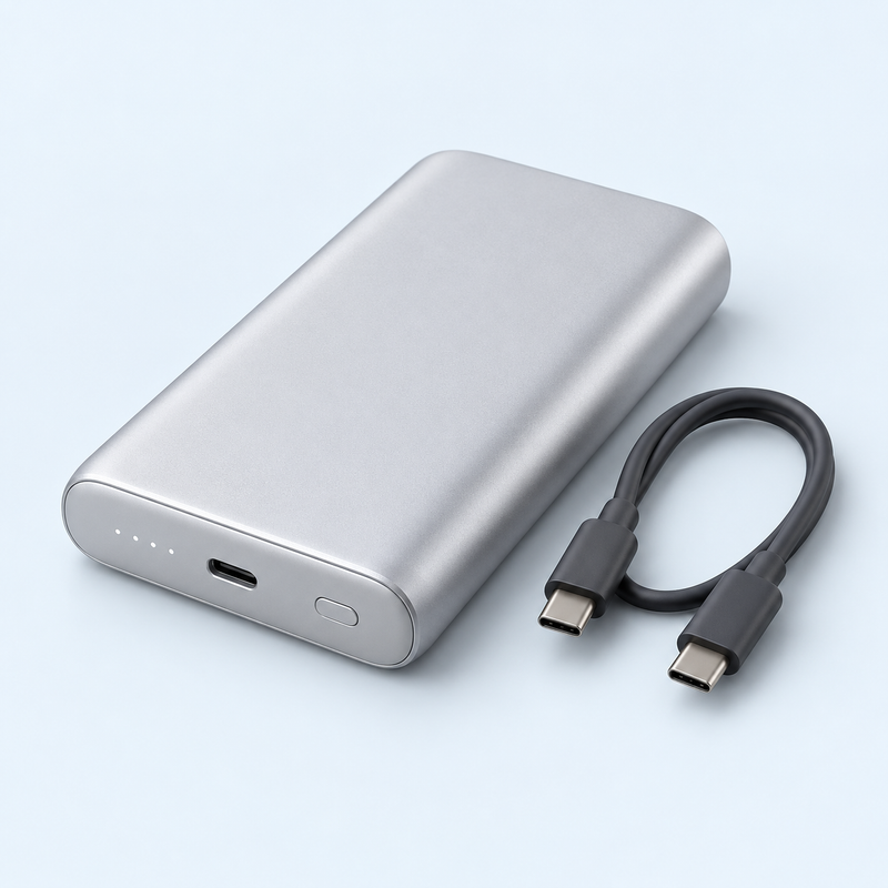 Portable power bank on a pale blue studio background