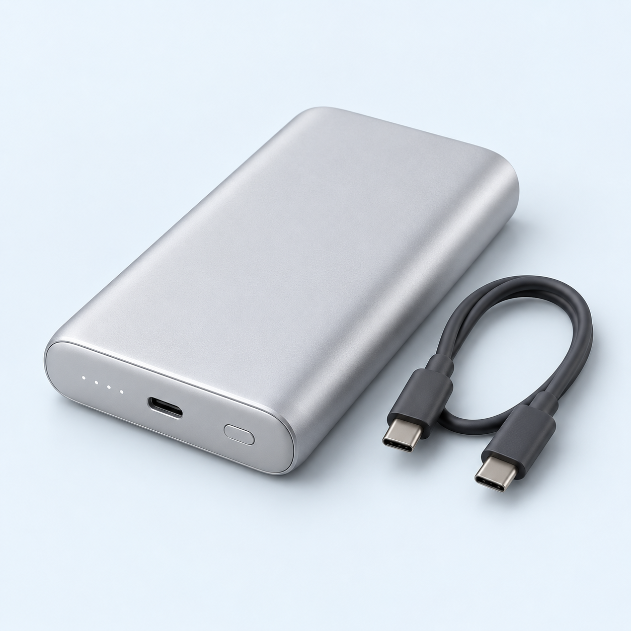 Portable power bank on a pale-blue studio background