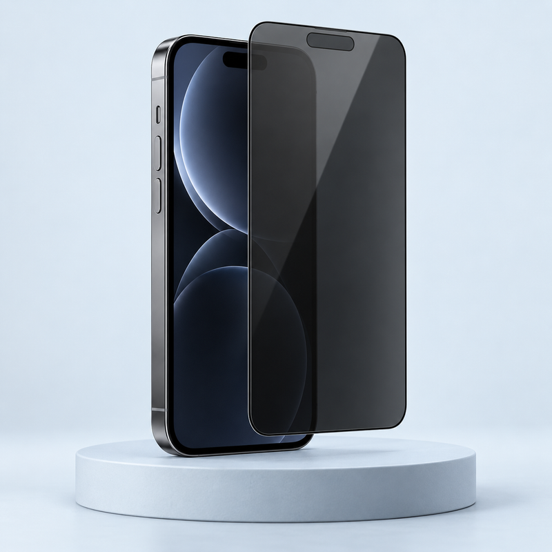 Privacy screen protector beside a smartphone on a pale blue studio background
