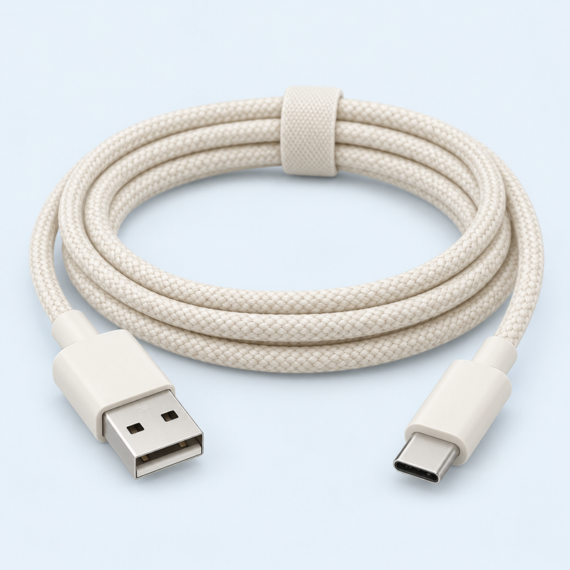 USB-A charging cable on a pale blue studio background