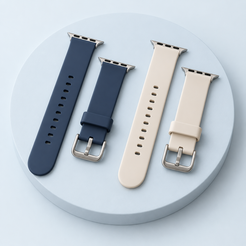Smartwatch bands on a pale blue studio background