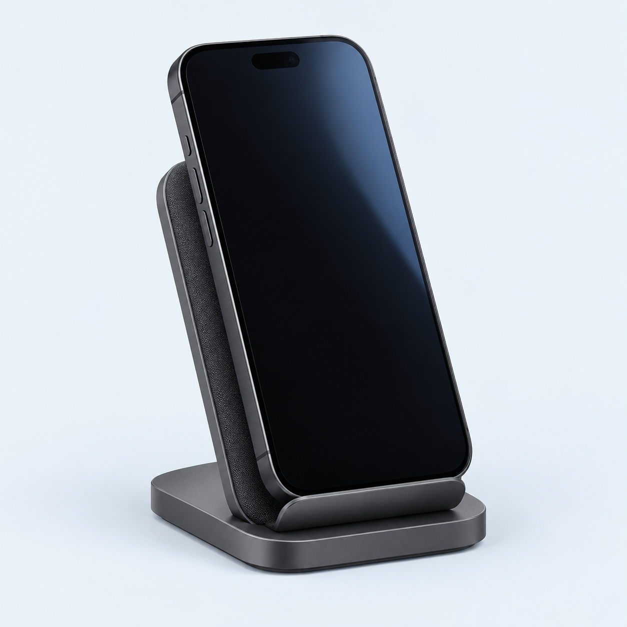 Wireless charging stand on a pale-blue studio background