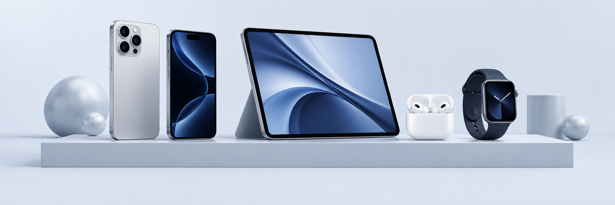 Phones, tablet, smartwatch and earbuds on a pale blue-gray studio background