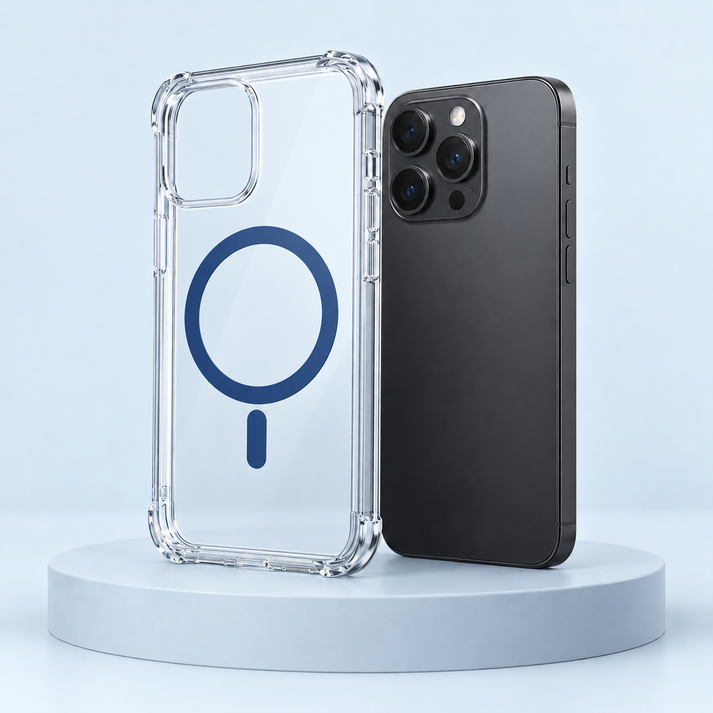 Clear phone case with a navy circular back ring and alignment bar on a pale-blue studio pedestal