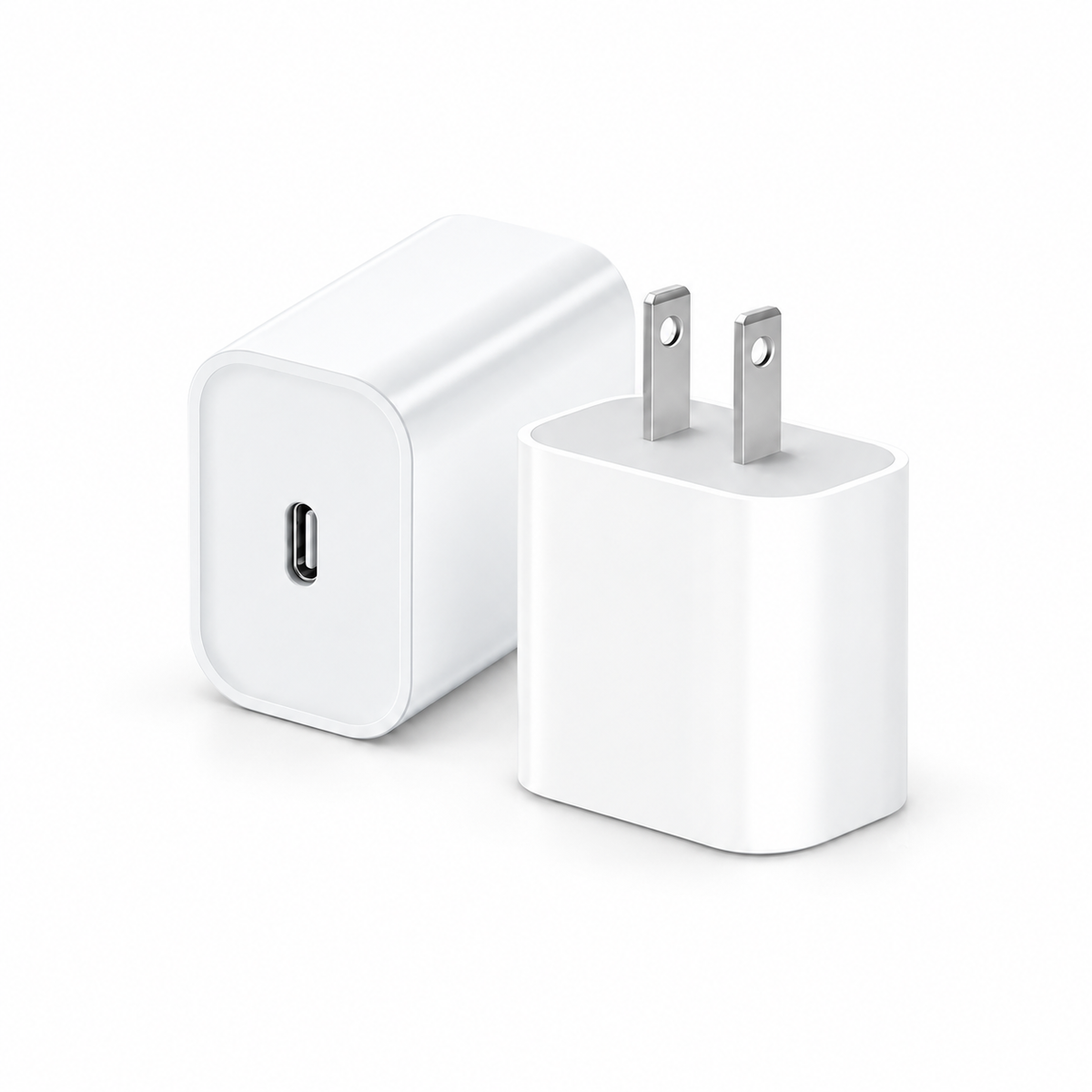 White iPhone USB-C power adapter shown from two angles on a clean white background