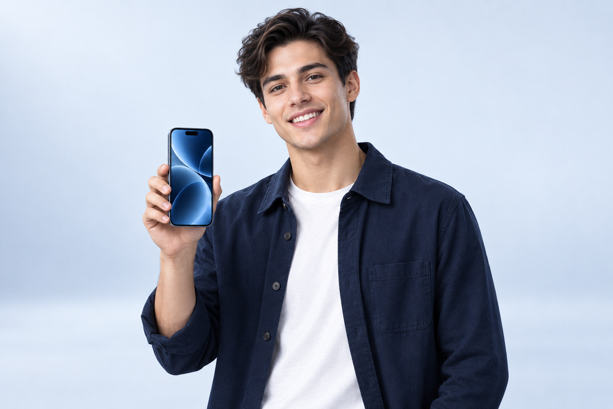 Smiling young man holding a smartphone against a pale blue studio background.