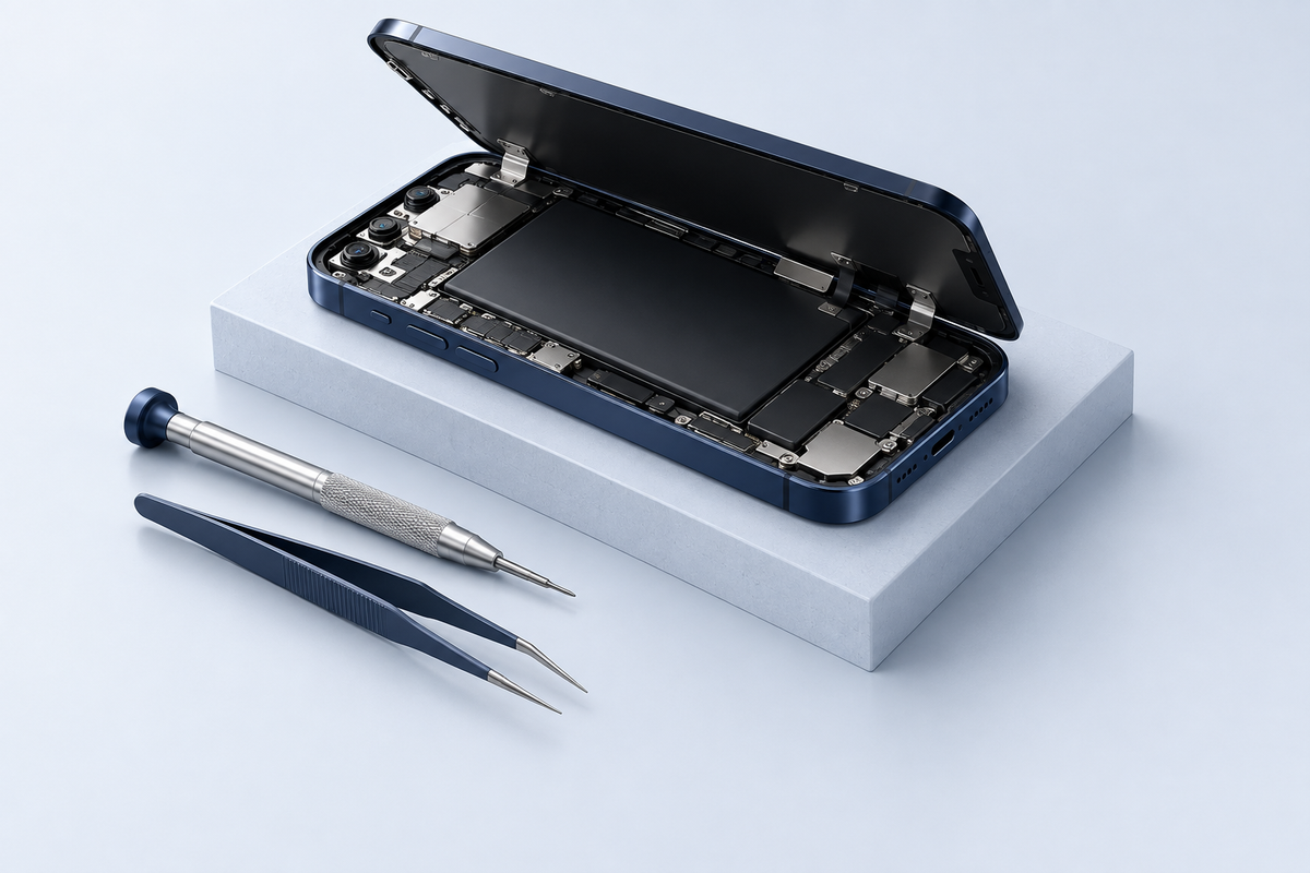 Professional smartphone repair with precision tools on a pale blue-gray studio background