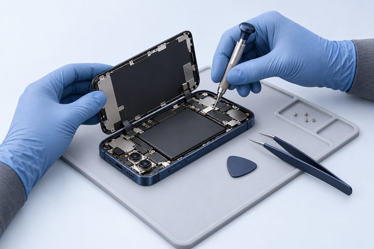 Professional smartphone screen repair with precision tools on a pale blue studio background.