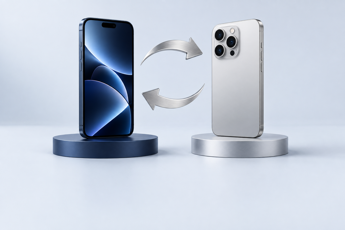 Two smartphones with exchange arrows on a pale blue-gray studio background