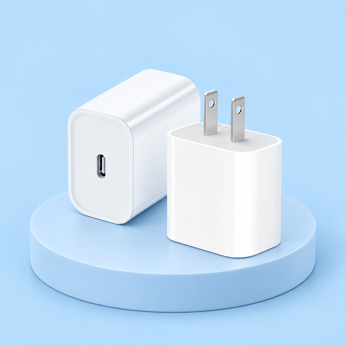 White single-port USB-C power adapter shown from two angles on a pale-blue studio pedestal